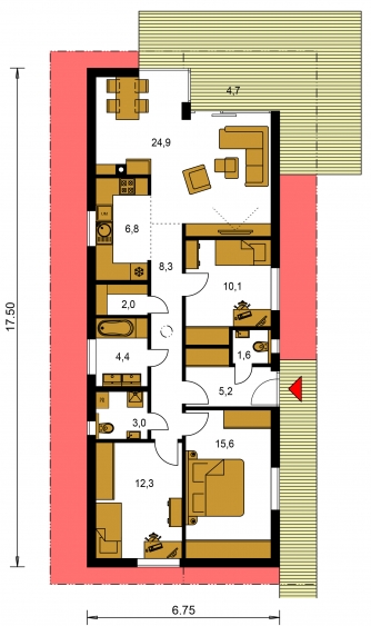 Spiegelverkehrter Entwurf | Grundriss des Erdgeschosses - BUNGALOW 215